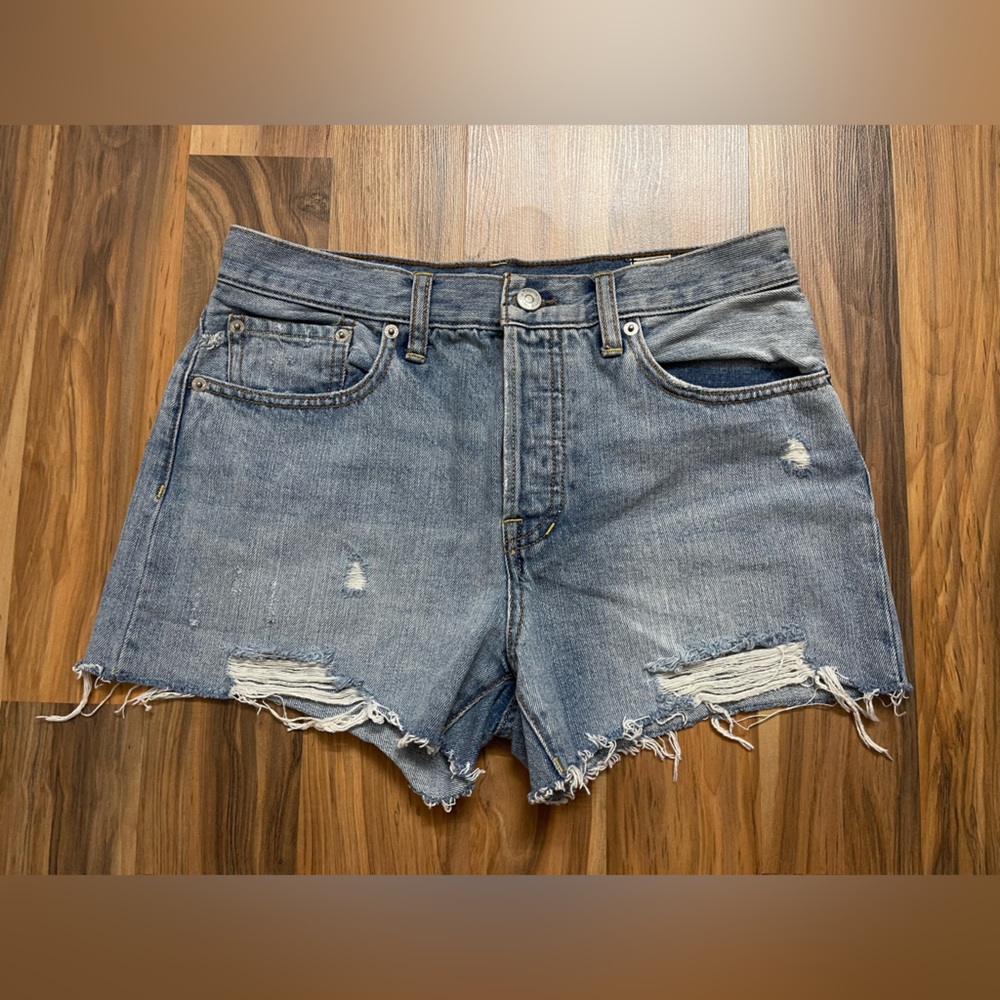 Free People Distressed Denim Shorts - Light Blue